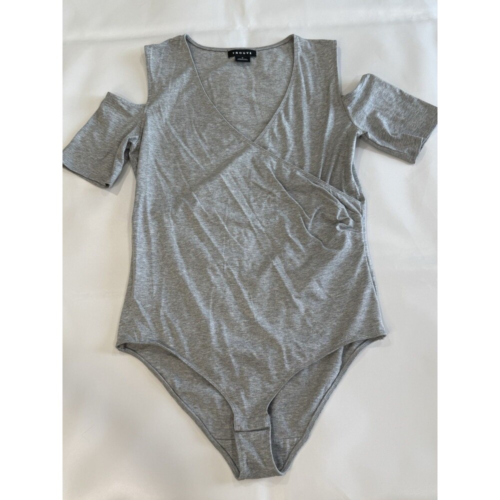 Womens Trouve Grey Bodysuit Cut Out Short Sleeve V Neck Jersey Knit Size M